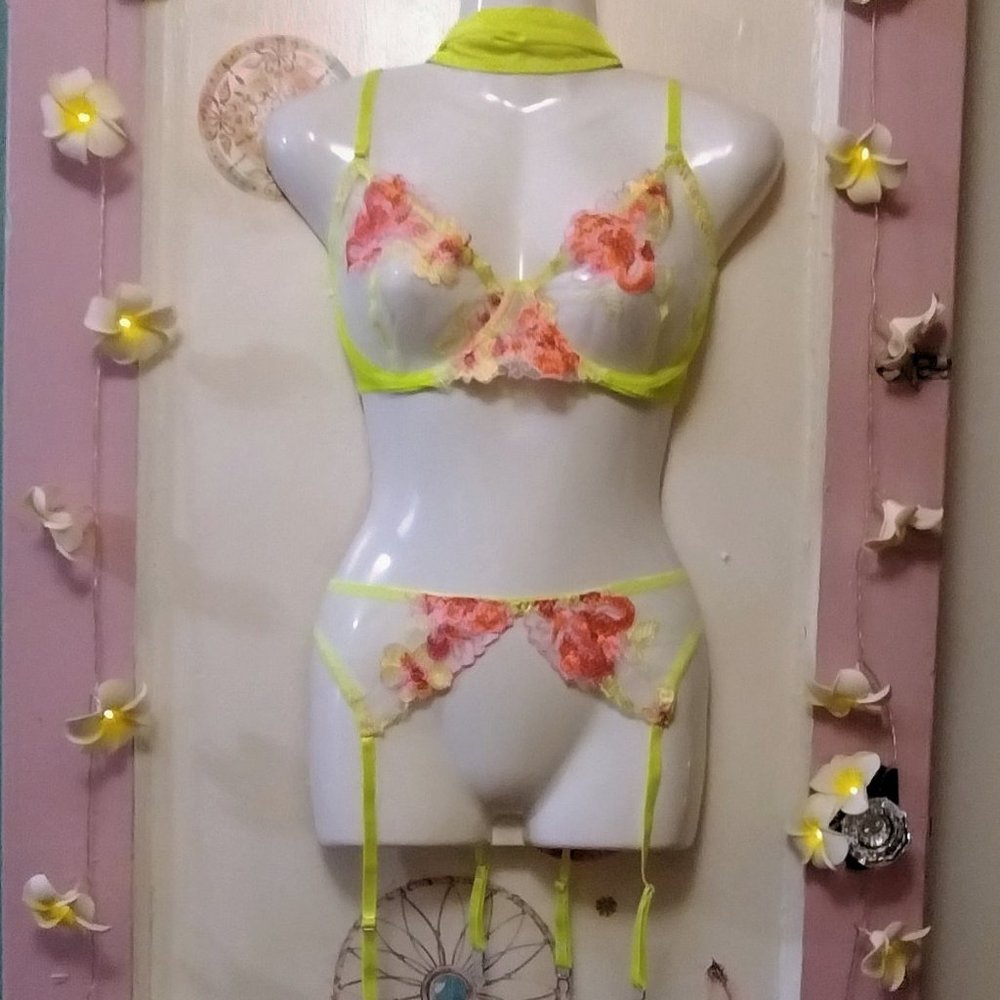 Sexy (XXL) Neon Green Appliques Design Sheer Lingerie set - NWOT